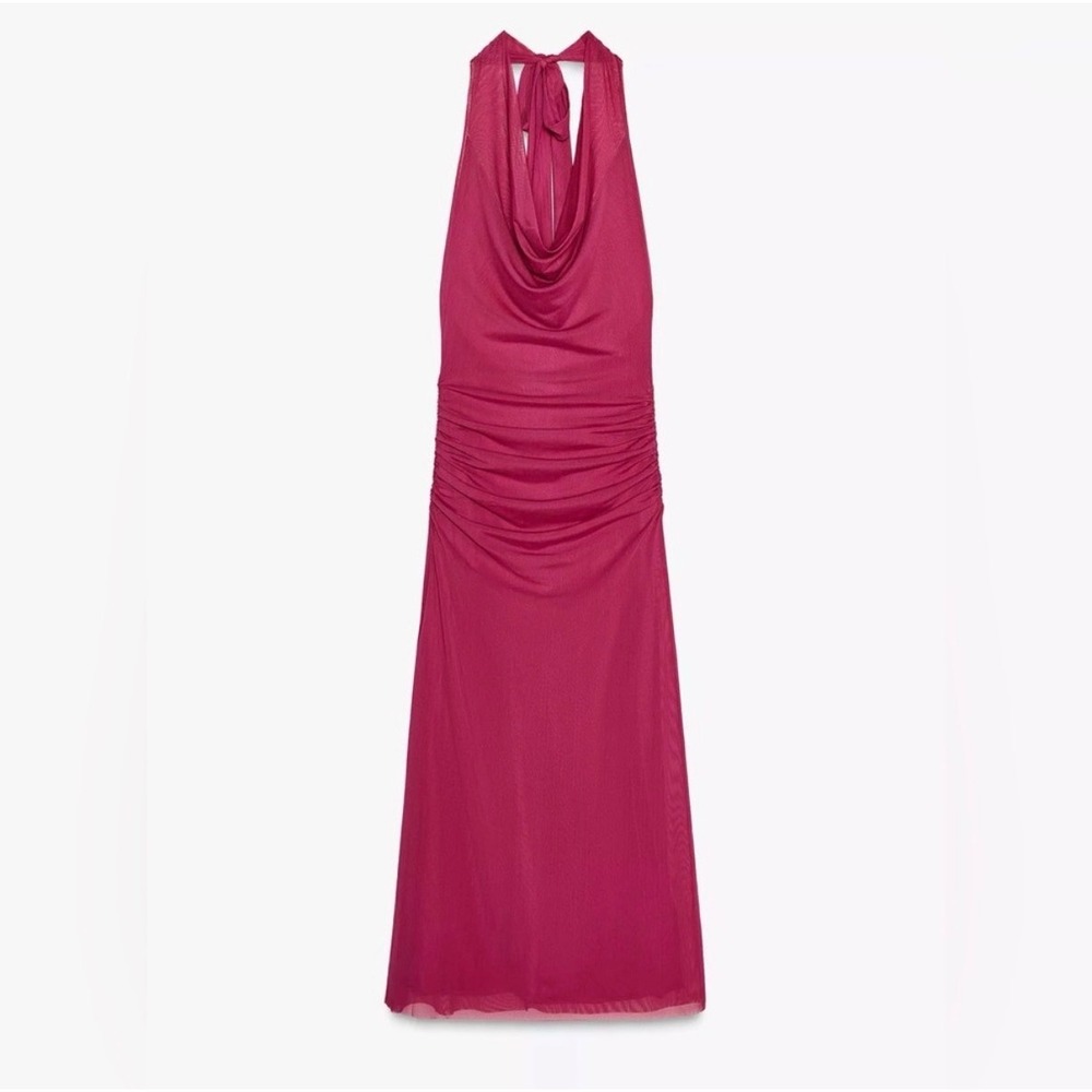 Zara Womens Fuchsia Ruched Mesh Cowl Neck Open Back Midi Dress 5039/369 Size M - Picture 8 of 9